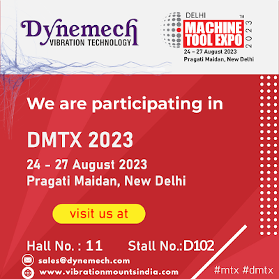 An image showcasing Dynemech Systems' booth at DMTX 2023 with anti-vibration products and technology on display in Stall D102, Hall 11.