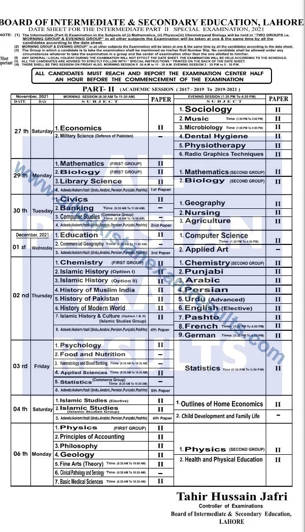 BISE Lahore Date Sheet For Inter Part 2 Special Exam 2021