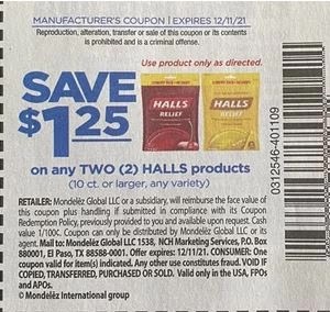 $1.25/2 Halls Coupon Coupon from "SMARTSOURCE" insert week of 1/31/21.