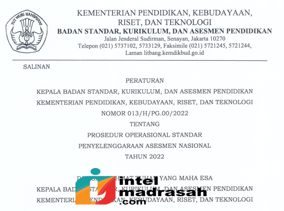 PROSEDUR OPERATIONAL STANDAR (POS) PENYELENGGARAAN ASESMEN NASIONAL TAHUN 2022 - INTEL MADRASAH