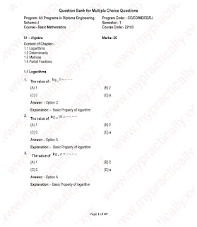 Basic Mathematics 22103 MSBTE Solved MCQs With Explanation