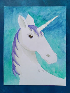 A watercolour artwork of a white unicorn with a silver horn and purple mane on a blue and green background.