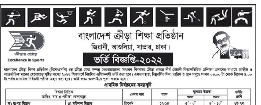 BKSP admission Job Circular 2022 - বাংলাদেশ ক্রীড়া শিক্ষাপ্রতিষ্ঠান ভর্তি নিয়োগ বিজ্ঞপ্তি ২০২২ - www.bksp.gov.bd