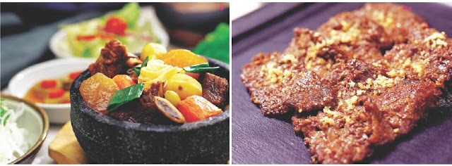 Galbi Ribs of beef or pork are sliced into easy to eat portions, then marinated in seasonings before being grilled. Right: Neobiani This is a charcoal-grilled beef dish