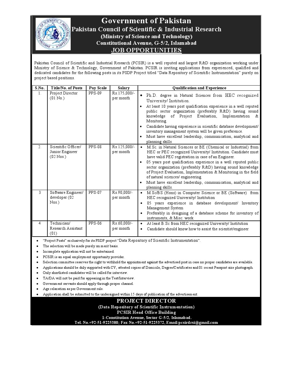 MINISTRY OF SCIENCE AND TECHNOLOGY JOBS – PCSIR JOBS 2021