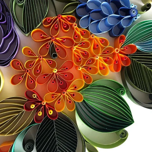 detail of on-edge colorful floral paper art