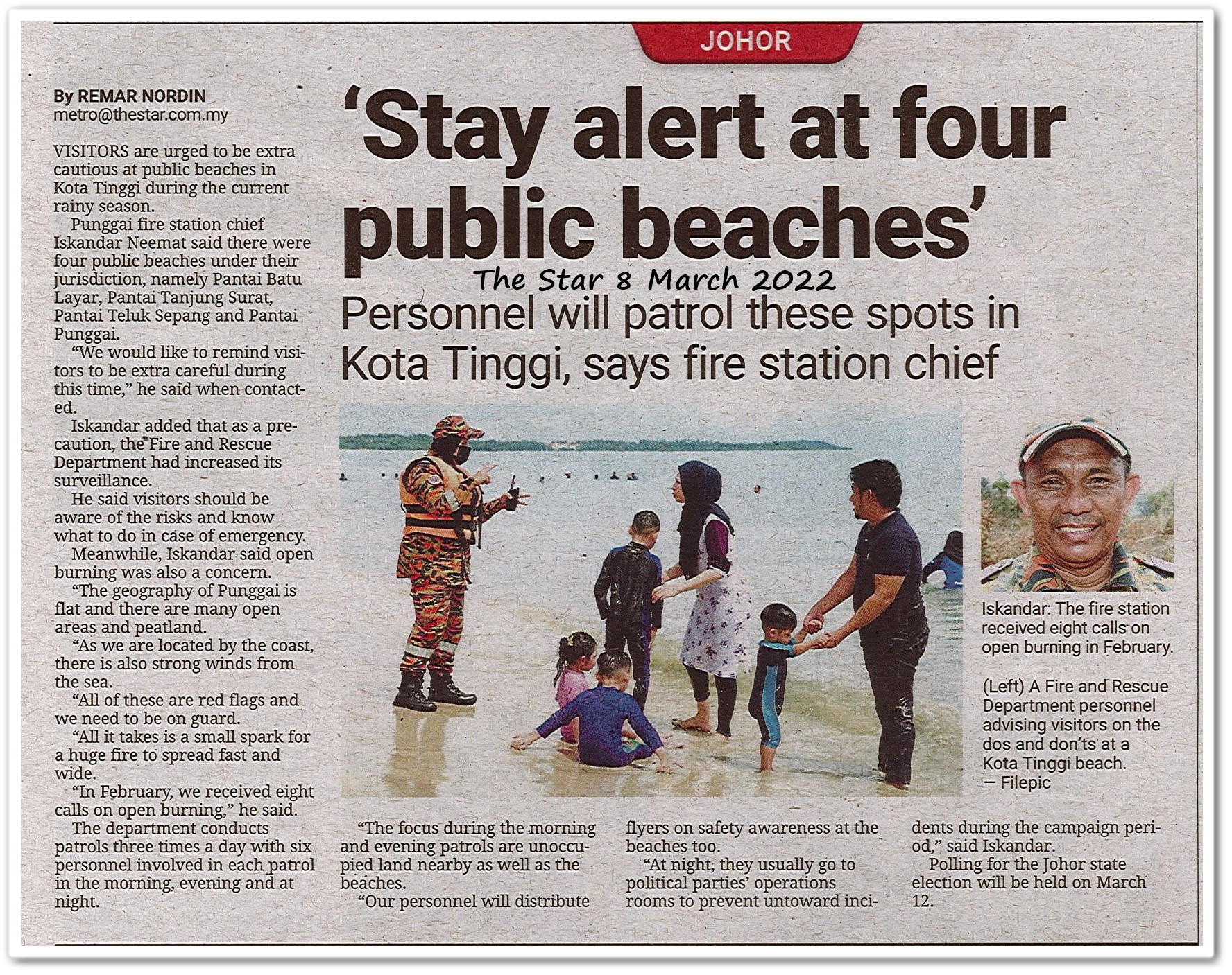 Stay alert at four public beaches ; Personnel will patrol these spots in Kota Tinggi, say fire station chief - Keratan akhbar The Star 8 March 2022