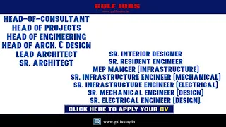 UAE Jobs 2021-Head-of-Consultant*Head of Projects-Head of Engineering-Head of Arch. & Design-Lead Architect-Sr. Architect-Sr. Interior Designer-Sr. Resident Engineer-MEP Manger (Infrastructure)-Sr. Infrastructure Engineer (Mechanical)-Sr. Infrastructure Engineer (Electrical)-Sr. Mechanical Engineer (Design)-Sr. Electrical Engineer (Design)