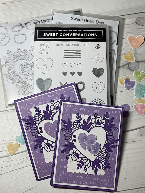 Products used for making handmade Valentine cards with die cut hearts using Floral Heart Die and Sweet Conversations Stamp Set and Dies from Stampin' Up!