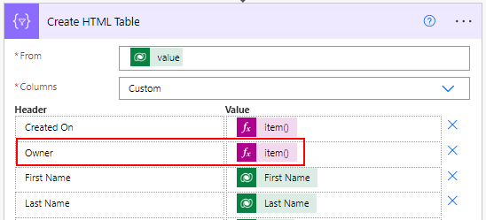 Create HTML Table action step in Power Automate