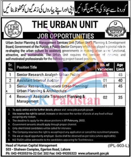 Punjab Government Urban Unit Jobs 2022 - www.urbanunit.gov.pk