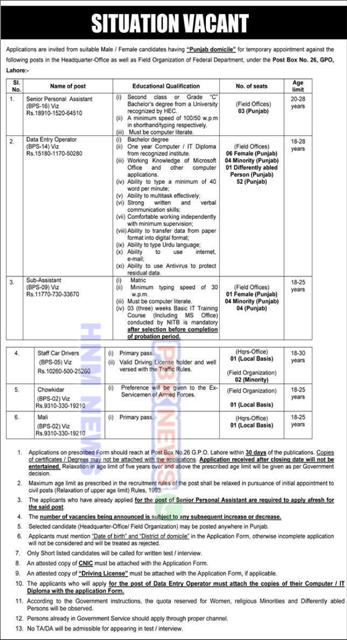 Jobs in Federal Department, Post Box No.26, GPO Lahore