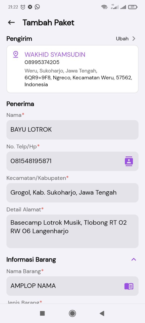 Data pengirim dan penerima paket.