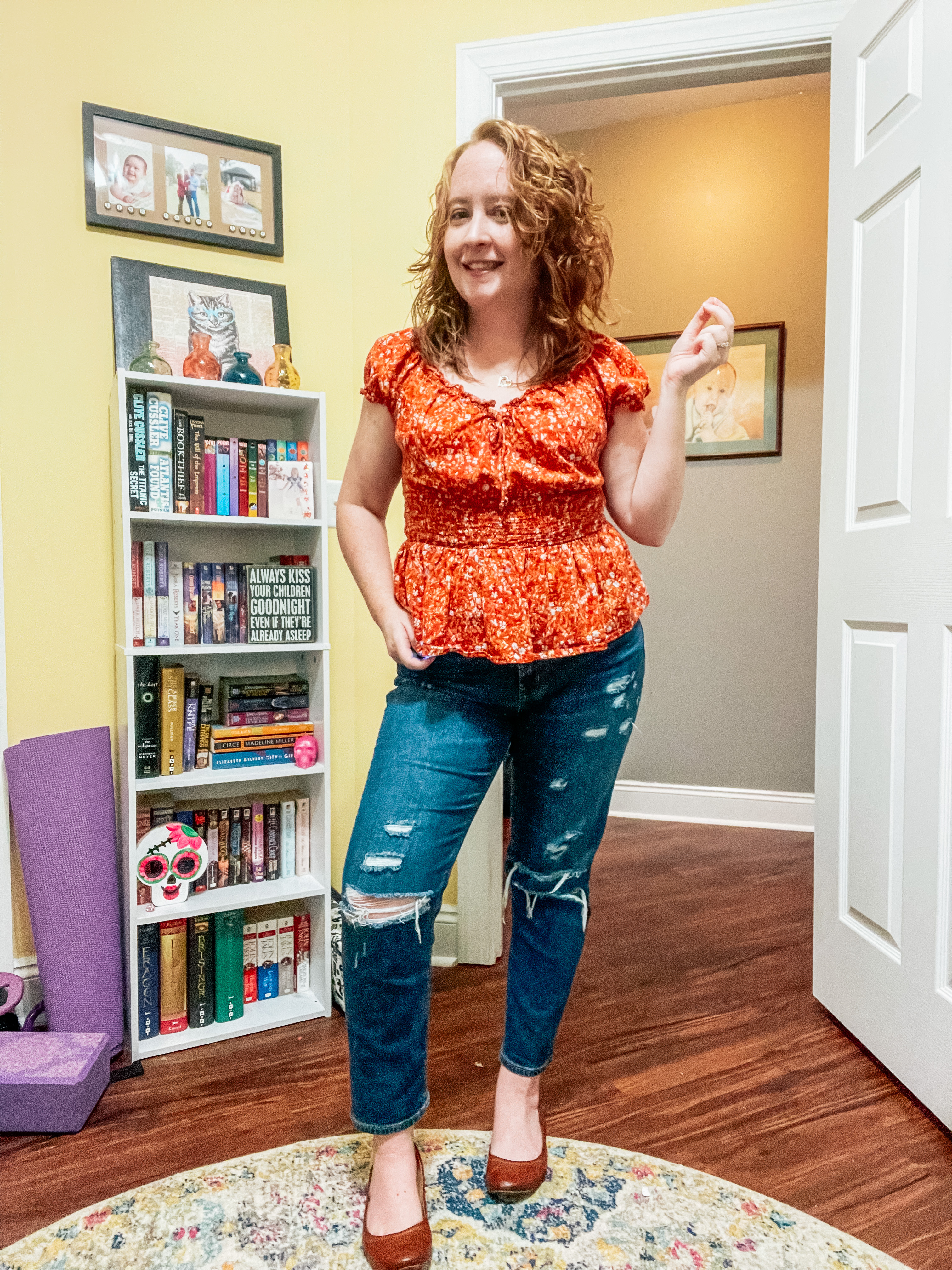 orange-floral-smocked-top-boyfriend-jeans-flats