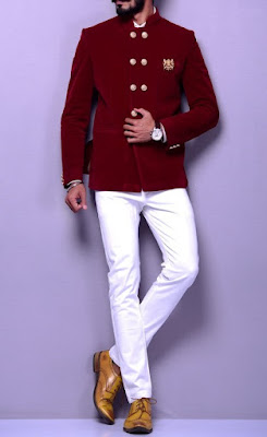 Classic Red Velvet Jacket White Pant Suit
