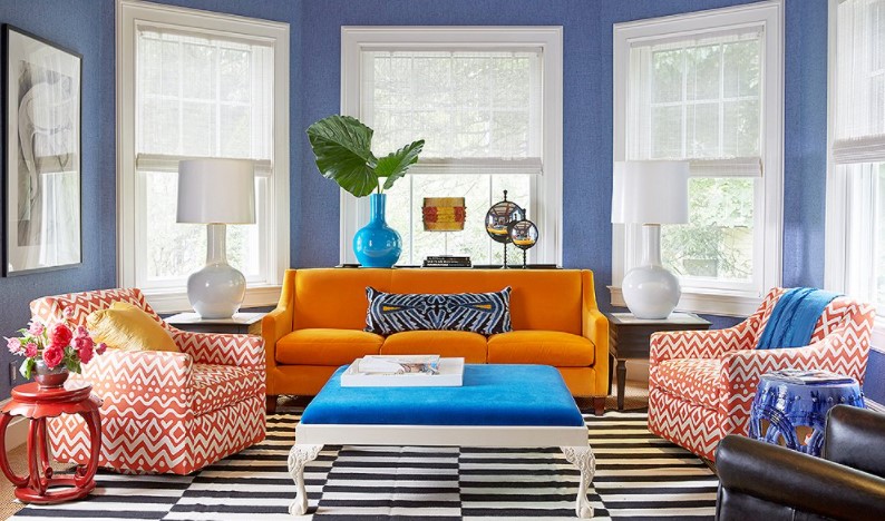 blue and orange color scheme for living room
