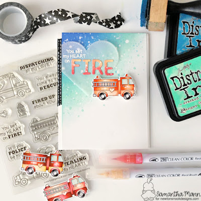 Love Emergency Card by Samantha Mann for Newton's Nook Designs, Distress Inks, Ink Blending, Valentine's Day Card, Love Card, Cards, Card Making, Fire Trucks, Handmade Cards, #newtonsnook #newtonsnookdesigns #lovecard #valentinesday #loveemergency #firetrucks #distressinks