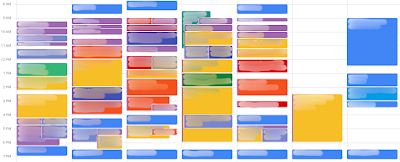 A calendar with many colored events that fill almost all of 8am to 7pm on weekdays and chunks of the weekend.