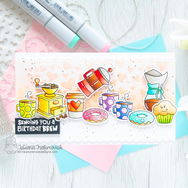 A Birthday Brew Card by Tatiana Trafimovich | Time for Coffee Stamp Set, Love Bites Stamp Set and Tumbling Hearts Stencil by Newton's Nook Designs #newtonsnook