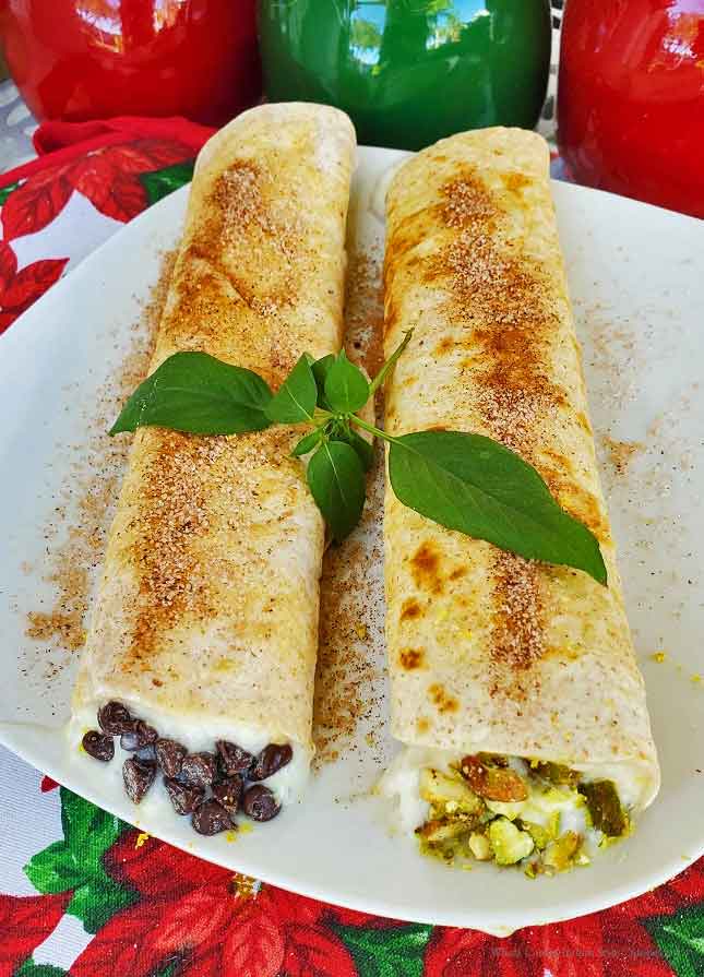 these are crepes with ricotta filling and chocolate chips with pistachios