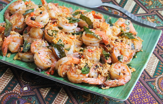 Food Lust People Love: Butter Prawns - aka shrimp - are crunchy, spicy and fragrant with golden egg floss and crisp curry leaves. They are a specialty at Malaysian Chinese eateries and one of our family favorites.