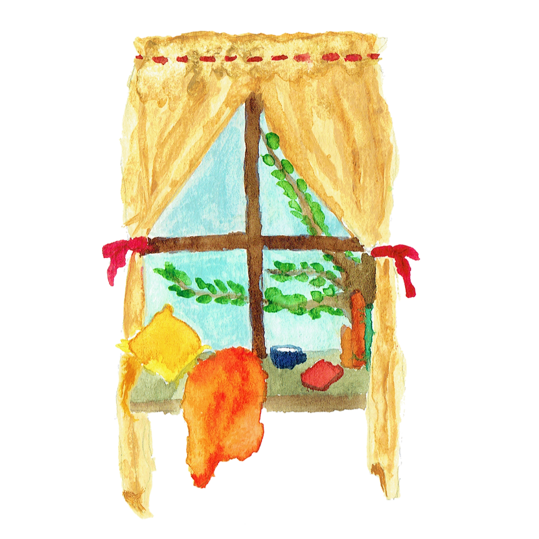 okno z firankami, na parapecie kubek, książki, kocyk i poduszka; akwarela
