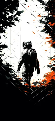 Astronaut in a stark black and white forest with splashes of red leaves.