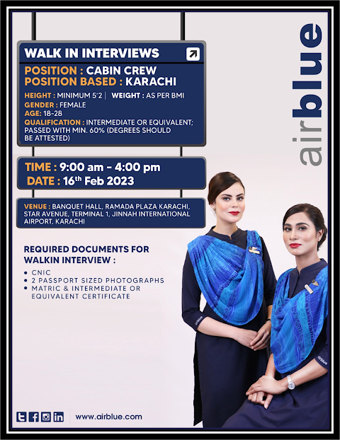 Air Blue Jobs 2023 for Cabin Crew | Walk In Interview | www.nokripao.com