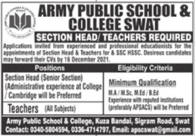 ARMY Public School & College Swat Latest Jobs