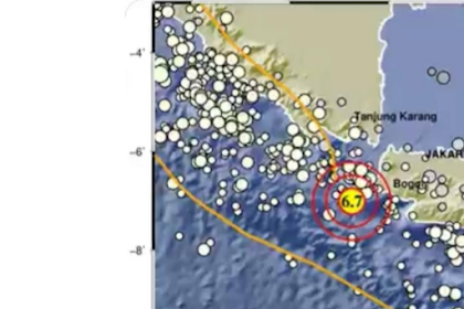 Gempa magnitudo  (M) 6,7 terjadi di barat Daya Sumur Banten.