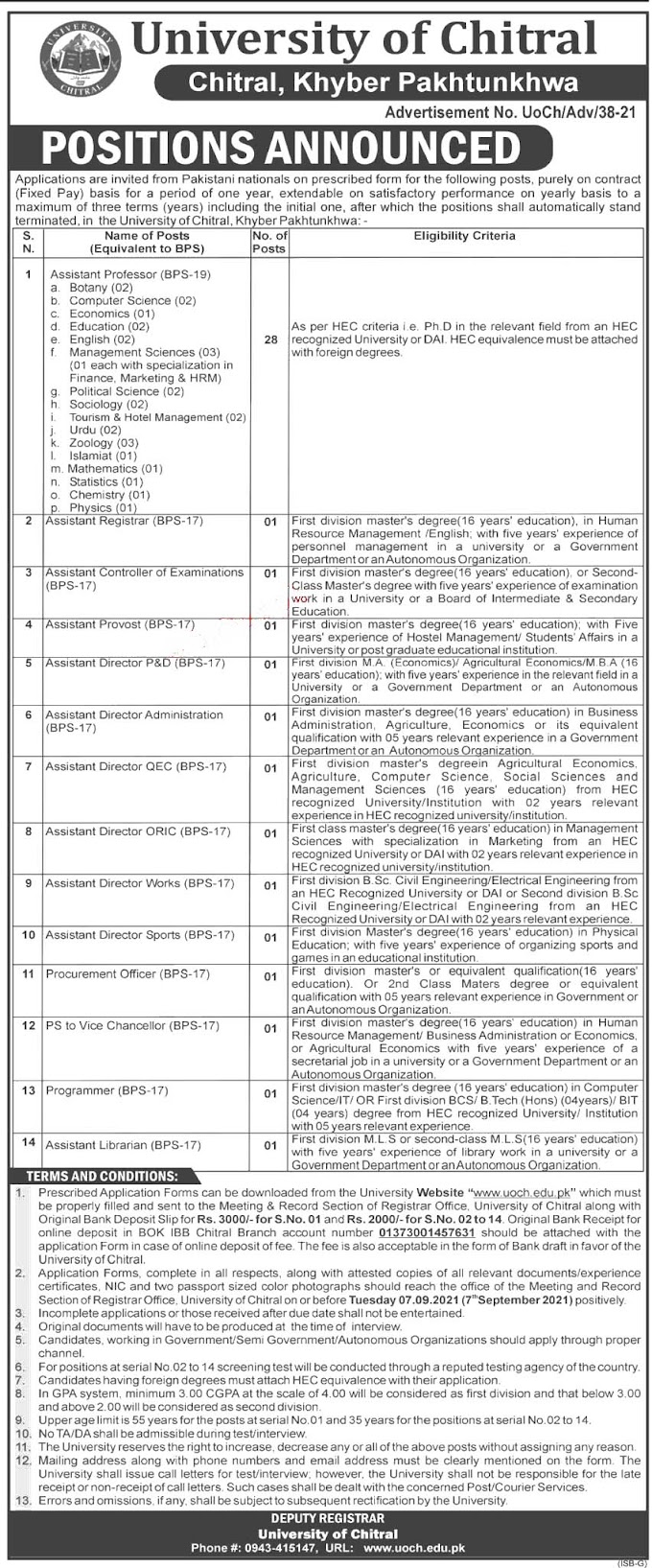 University of Chitral Today Latest  Jobs 2021 | Application Form via www.uoch.edu.pk