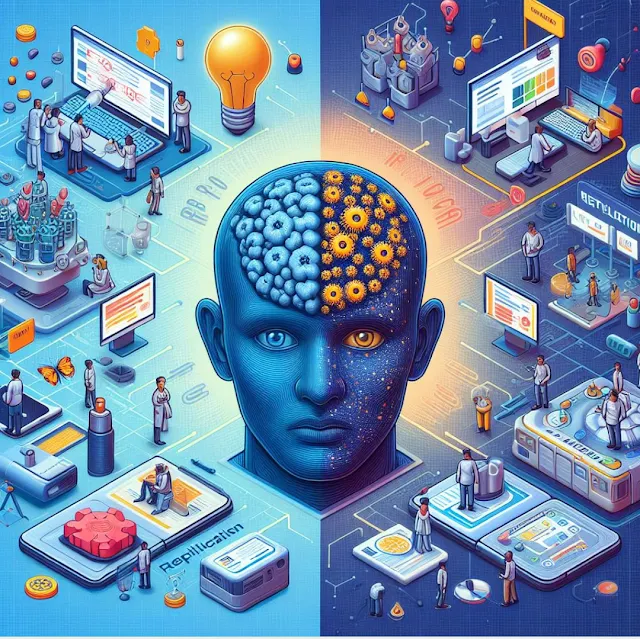 صورة تعبيرية تجسد مفهوم الذكاء الاصطناعي ومنصة Replicate، مع رموز تمثل الابتكار والتكنولوجيا.