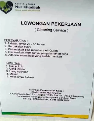 Lowongan Pekerjaan Cleaning Service Wanita Klinik Utama Nur Khadijah