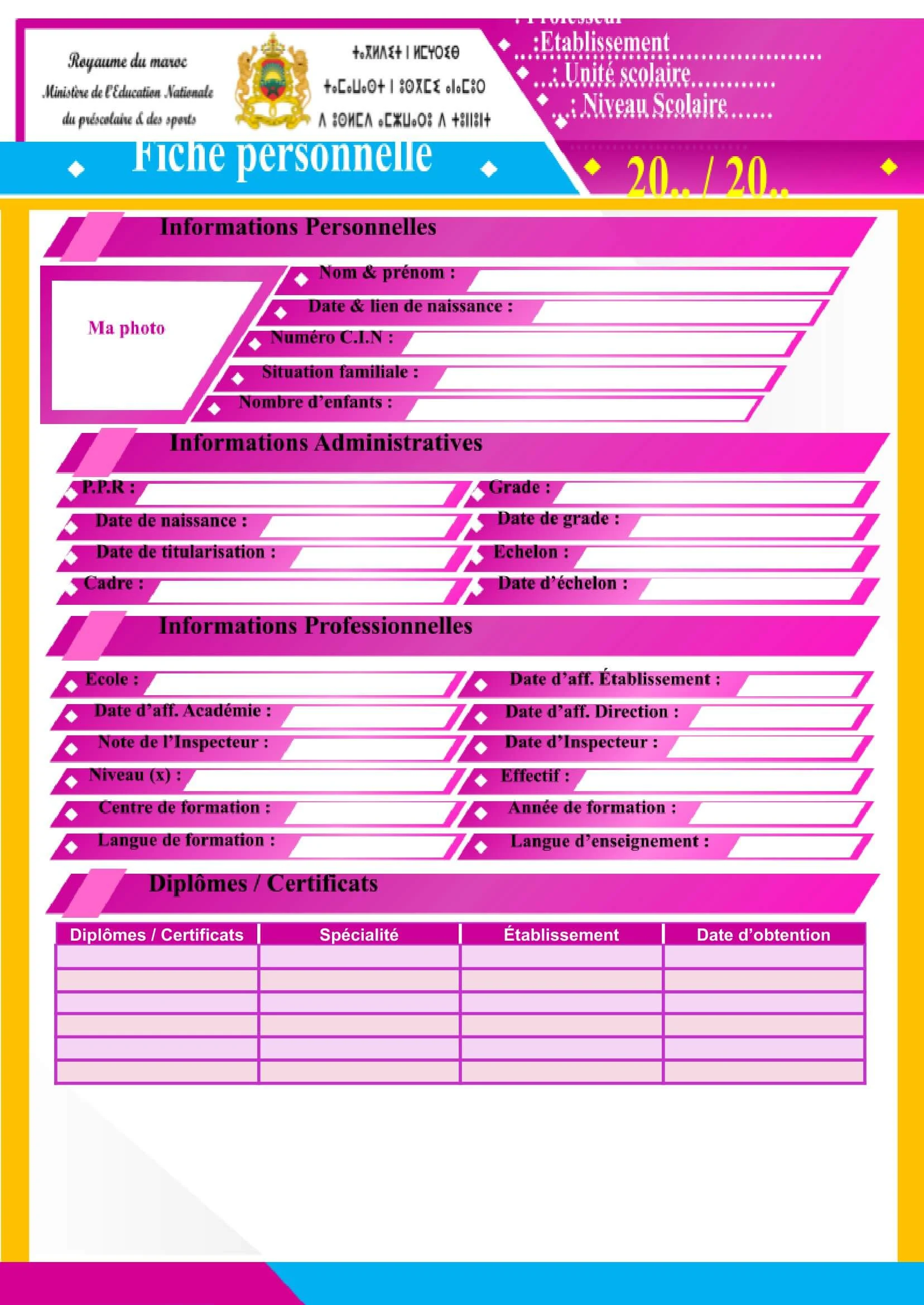 Fiche Personnelle d'enseignant