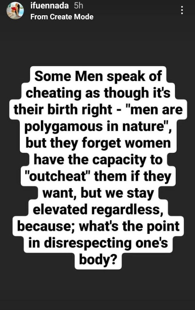Sometimes men speaks of cheating as though it's their birthright- BBNaijas Ifu Ennada writes