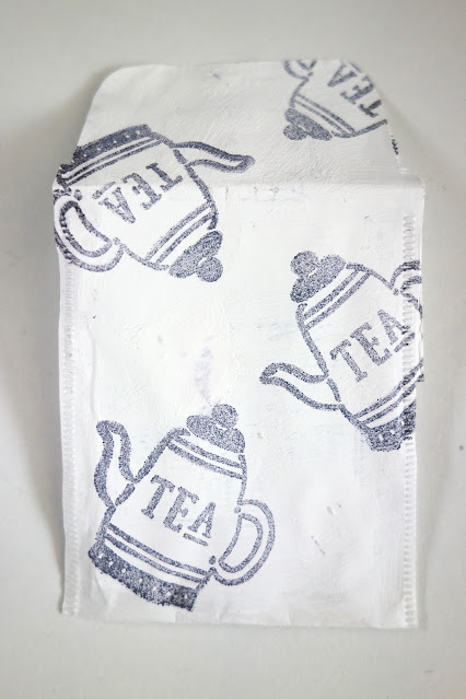 Trader Joe's English Breakfast Teabags, crafting with tea, repurposing teabags, crafts, handmade, paper crafts, handmade stationery, crafting with tea, paint, cling stamps and ink pad, decorating tea bags, blah to TADA