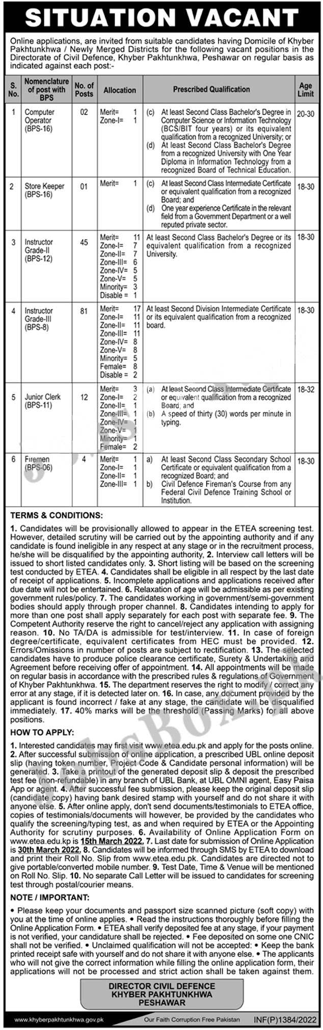 Civil Defence Department New Jobs 2022 Online Apply via ETEA