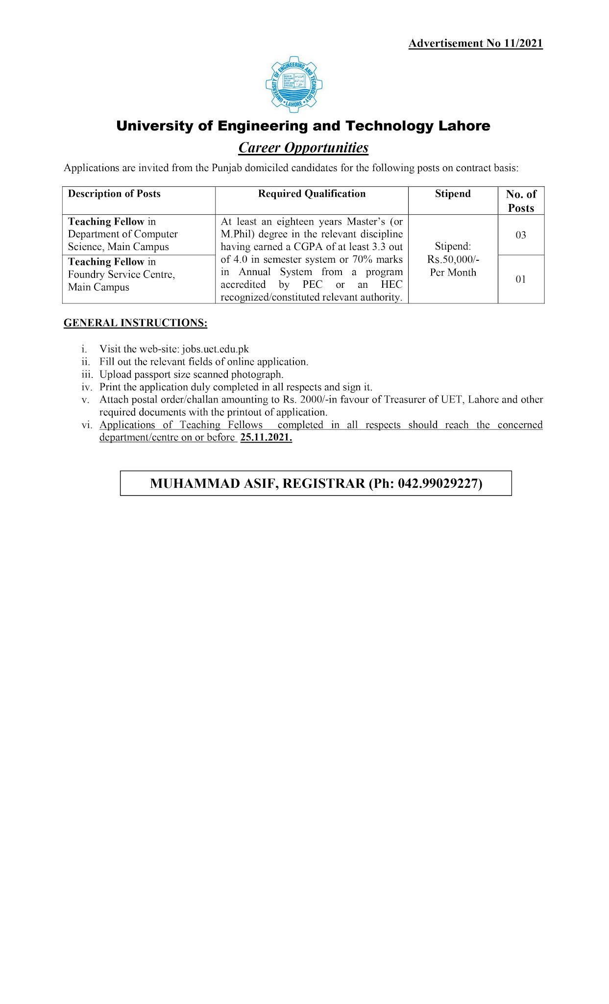 UET LAHORE JOBS 2021