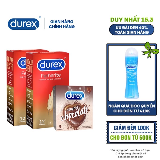 Mall Shop [ durex.officialstore ] Bộ 2 Bao cao su Durex Fetherlite (12 bao/hộp) + Tặng 1 hộp Durex Naughty Chocolate (3 bao/hộp)