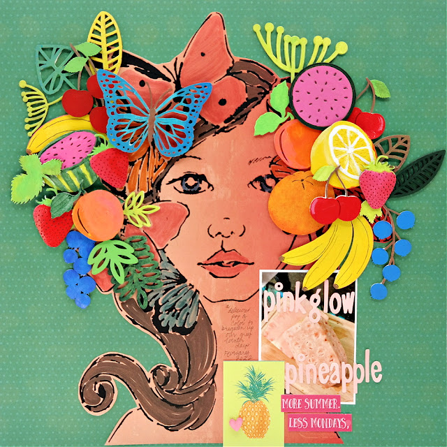 Pinkglow Pineapple Mixed Media Scrapbook Layout with Chipboard Fruit Inspired by Carmen Miranda