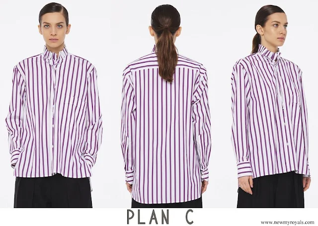 Queen Rania wore Plan C Ruffle Neck Purple Striped Shirt