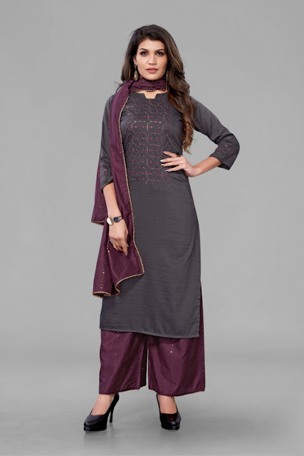 Voilet Embroidered Kurta With Palazzo and Dupatta