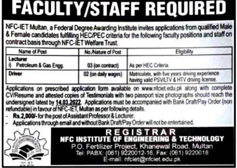 NFC Institute of Engineering & Technology Jobs 2022