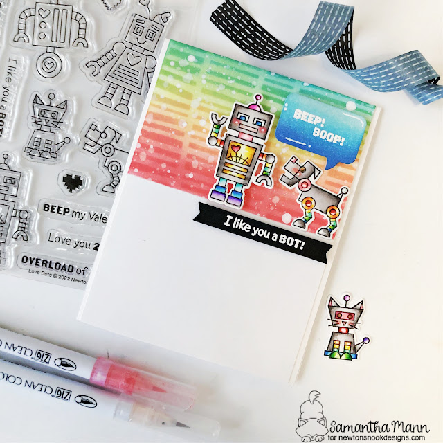 I like you a Bot | Robot Card by Samantha Mann | Love Bots Stamp Set, Serene Stripes Stencil and Speech Bubbles Die Set by Newton's Nook Designs