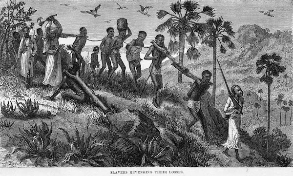 Imagen 513A | Traficantes de esclavos árabes y sus cautivos a lo largo del río Ruvuma (en la actual Tanzania y Mozambique), dibujo del siglo XIX de David Livingstone. | Autor desconocido / dominio público