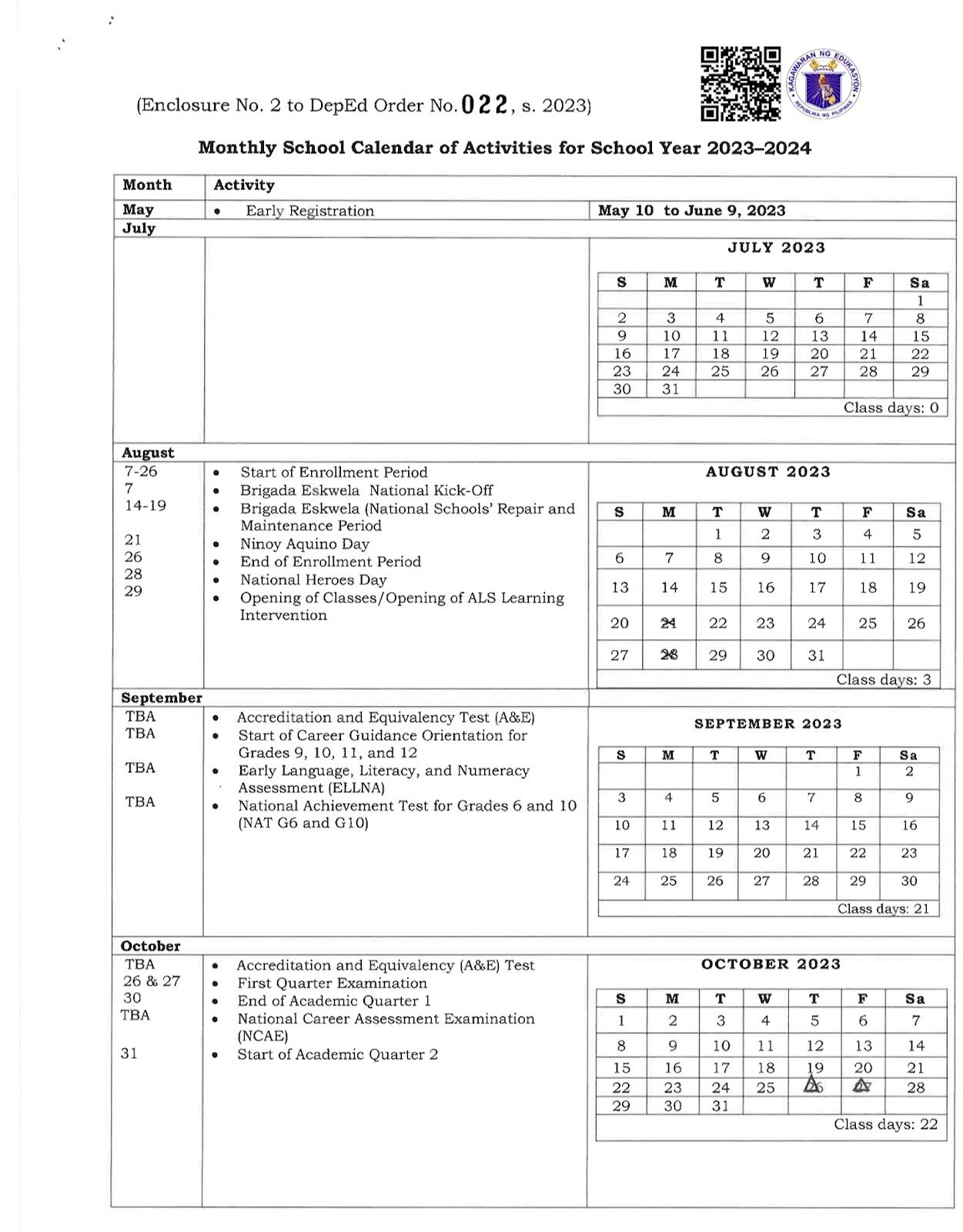 Deped School Calendar and Activities for the School Year (SY) 20232024