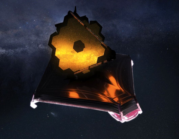 A computer-generated image of NASA's James Webb Telescope in deep space.