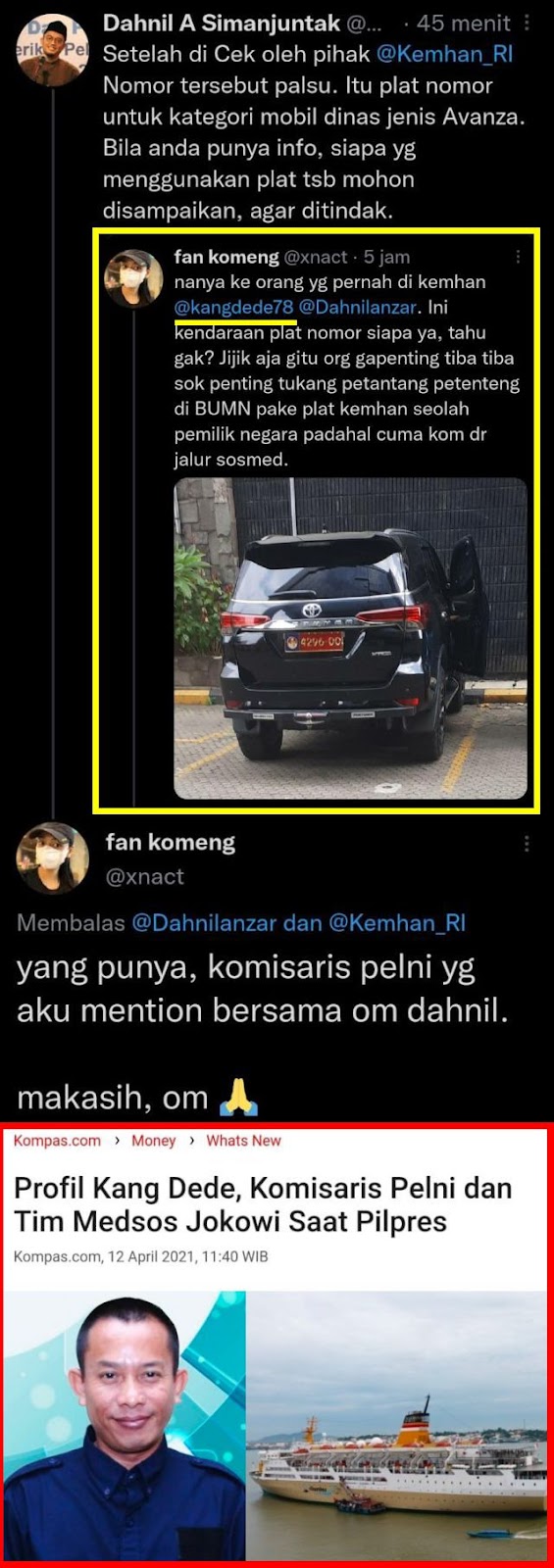 Dunia maya kembali dihebohkan dengan laporan mobil Fortuner hitam memakai pelat nomor khus NAH LOH!! Dugaan Tindak Pidana Pemalsuan Plat Nomor Kemenham, Gerakan Mahasiswa Jakarta Hari Ini Gelar Aksi Tuntut Kang Dede Komisaris Pelni Dipecat dan Diusut Polisi