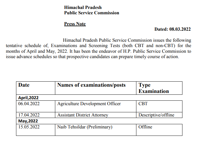 HPPSC NT Exam Date 2022, hp naib tehsildar exam date 2022