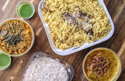Recent takeout order of lamb pulao, haleem, and chicken keema